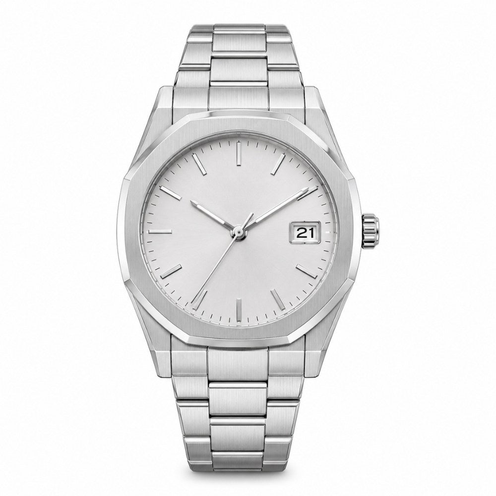 Faceted case, steel, silver-white dial, integrated bracelet · SF-44