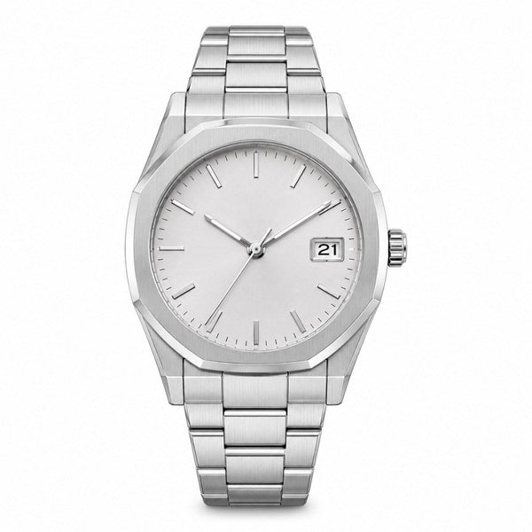 Faceted case, steel, silver-white dial, integrated bracelet · SF-44