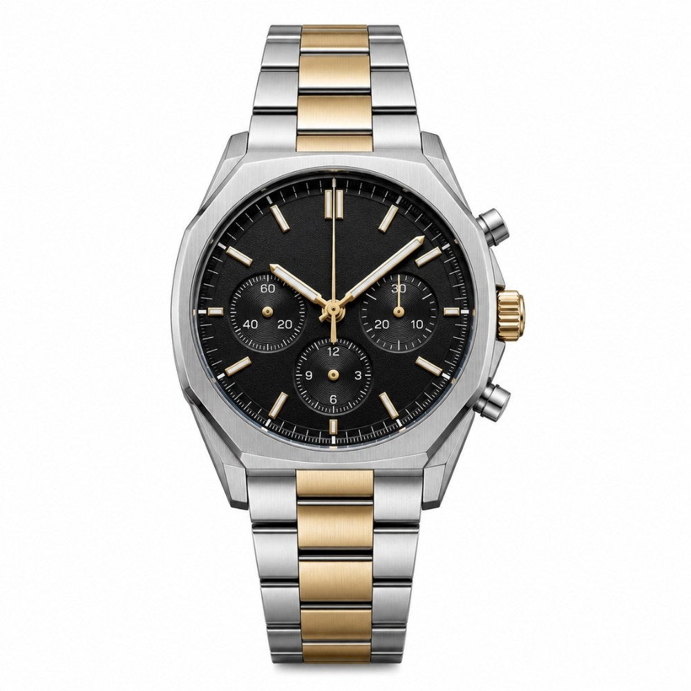 Two-tone steel and gold chronograph, black dial · SF-45