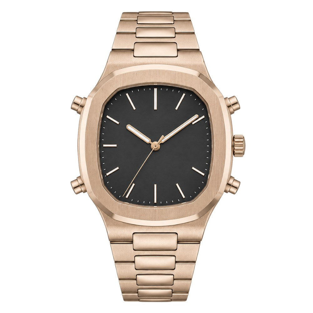 Rounded square with pushers on both sides, full rose gold, black dial · SF-46