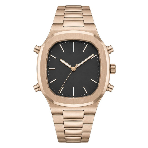 Rounded square with pushers on both sides, full rose gold, black dial · SF-46