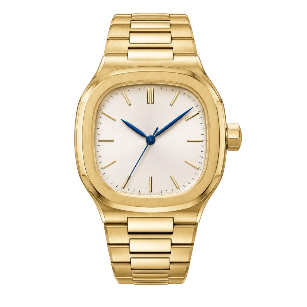 Rounded square, full gold, white dial with blue hands · SF-47