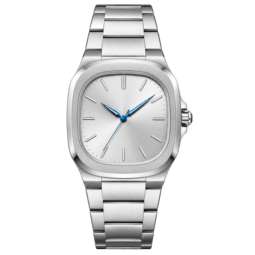 Rounded square, steel, silver dial with blue hands and blue-accent crown · SF-48