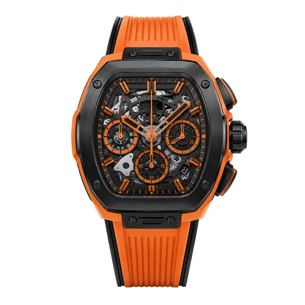 Sporty black and orange tonneau, skeleton dial, orange rubber strap · SF-50
