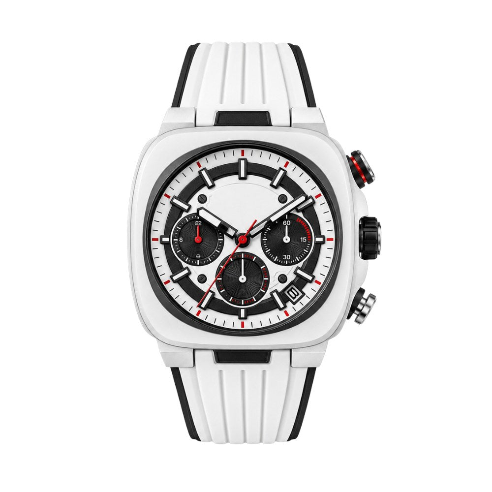 Square sporty case in white ceramic look, panda chronograph with red accents · SF-51