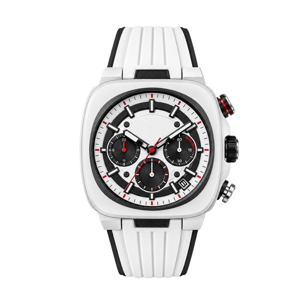 Square sporty case in white ceramic look, panda chronograph with red accents · SF-51