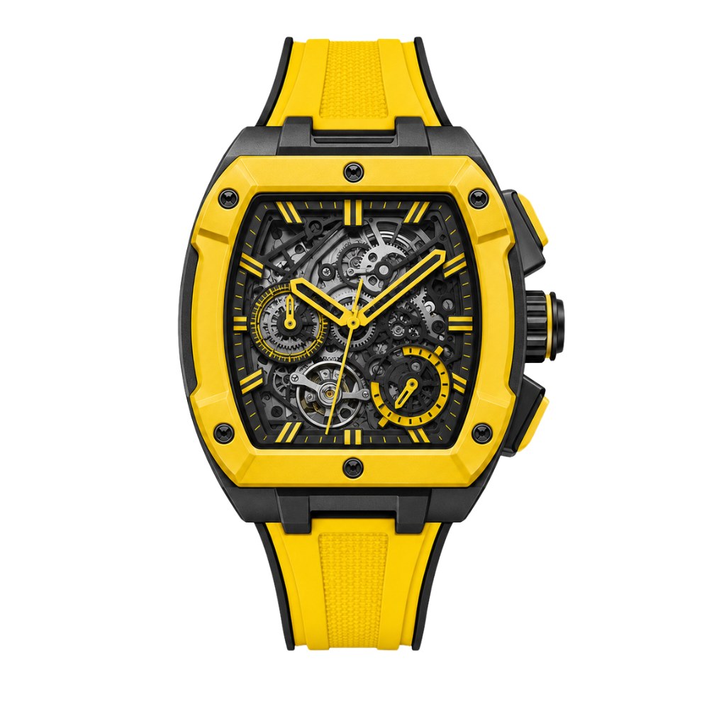 Sporty black and yellow tonneau, skeleton dial, yellow rubber strap · SF-52