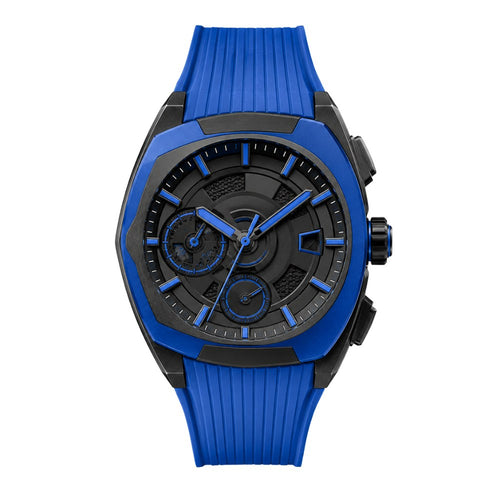 Angular blue and black sport case, skeleton dial with blue accents, blue rubber strap · SF-53
