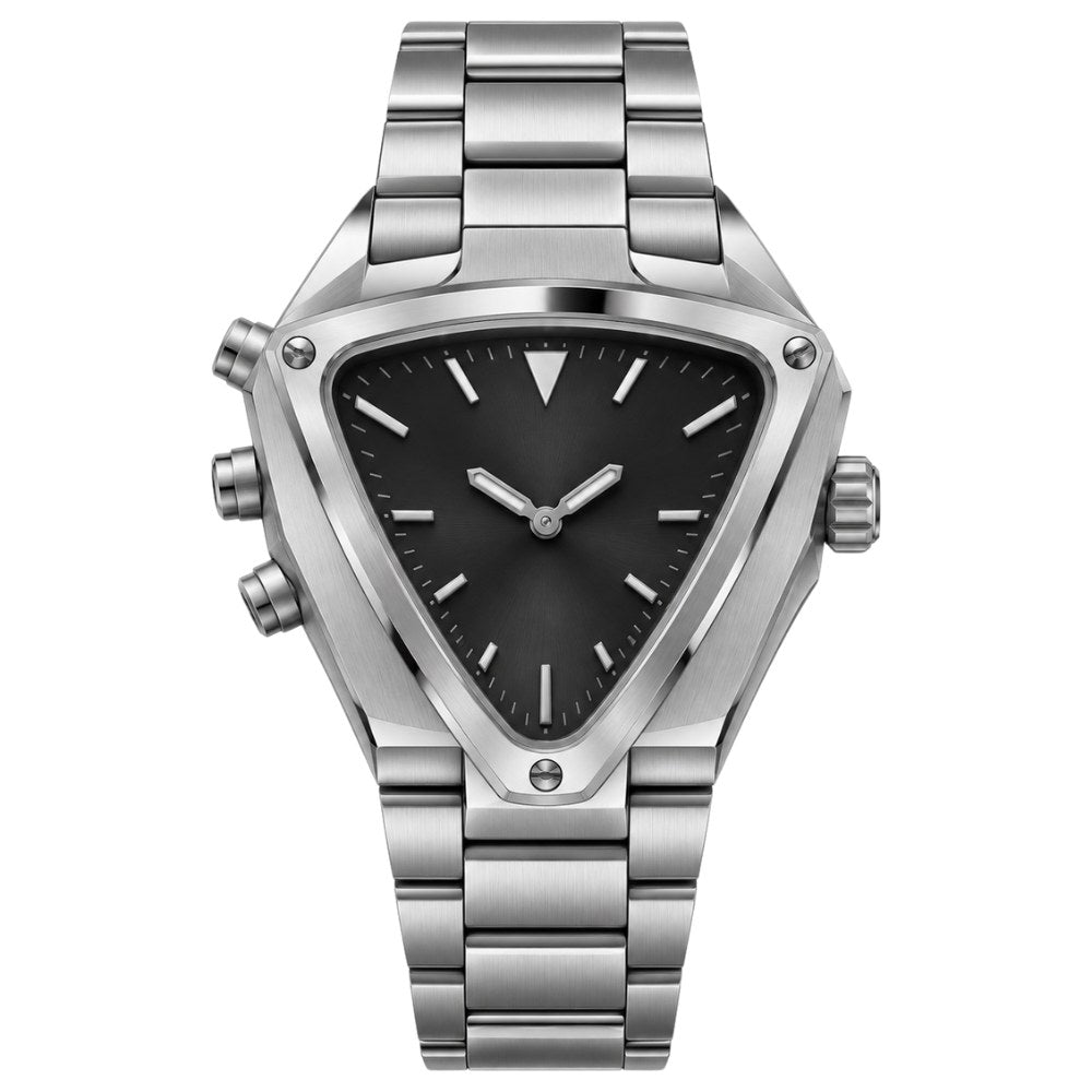 Triangular case, steel, black sunburst dial · SF-54