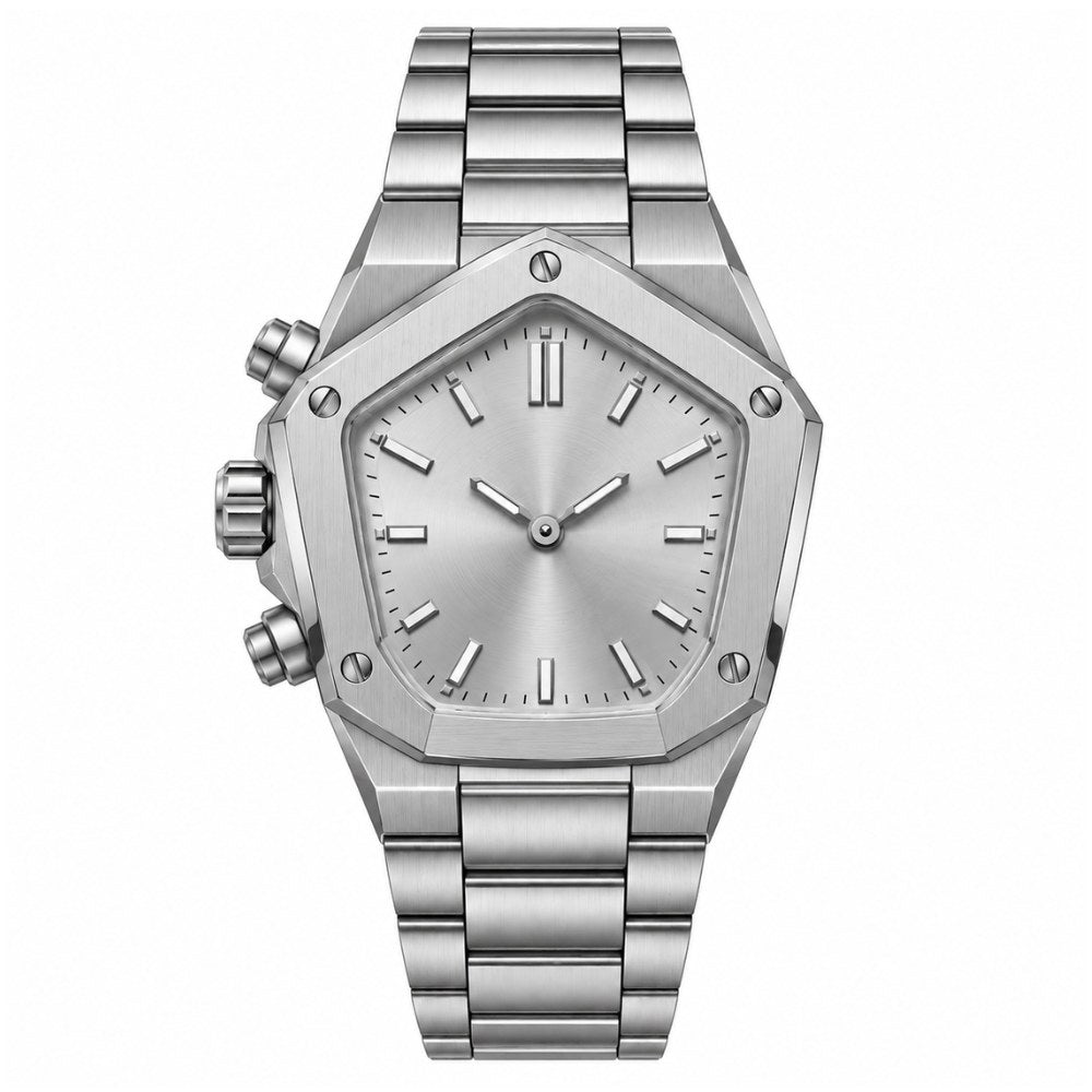 Pentagonal case, steel, silver sunburst dial · SF-56