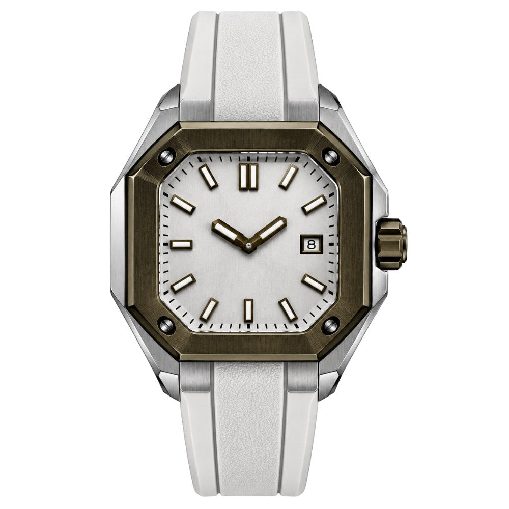 Octagonal, steel with bronze-olive bezel, ivory dial, white rubber strap · SF-57