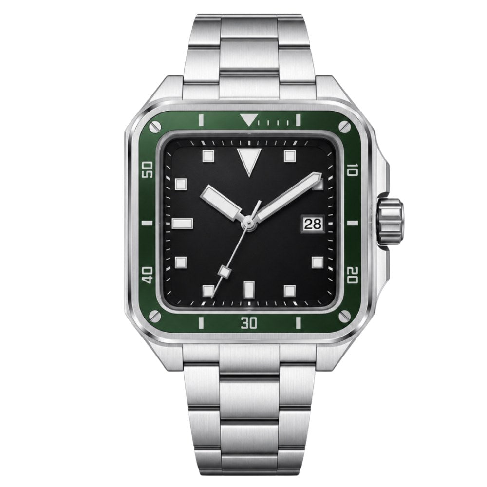 Square diver, steel, green 60-minute bezel, black dial · SF-58