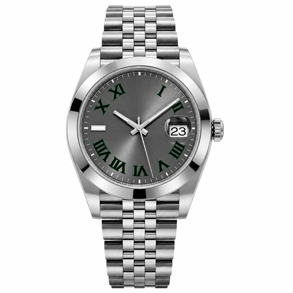Square case with fluted sides, steel, graphite dial, 5-link bracelet · SF-43T