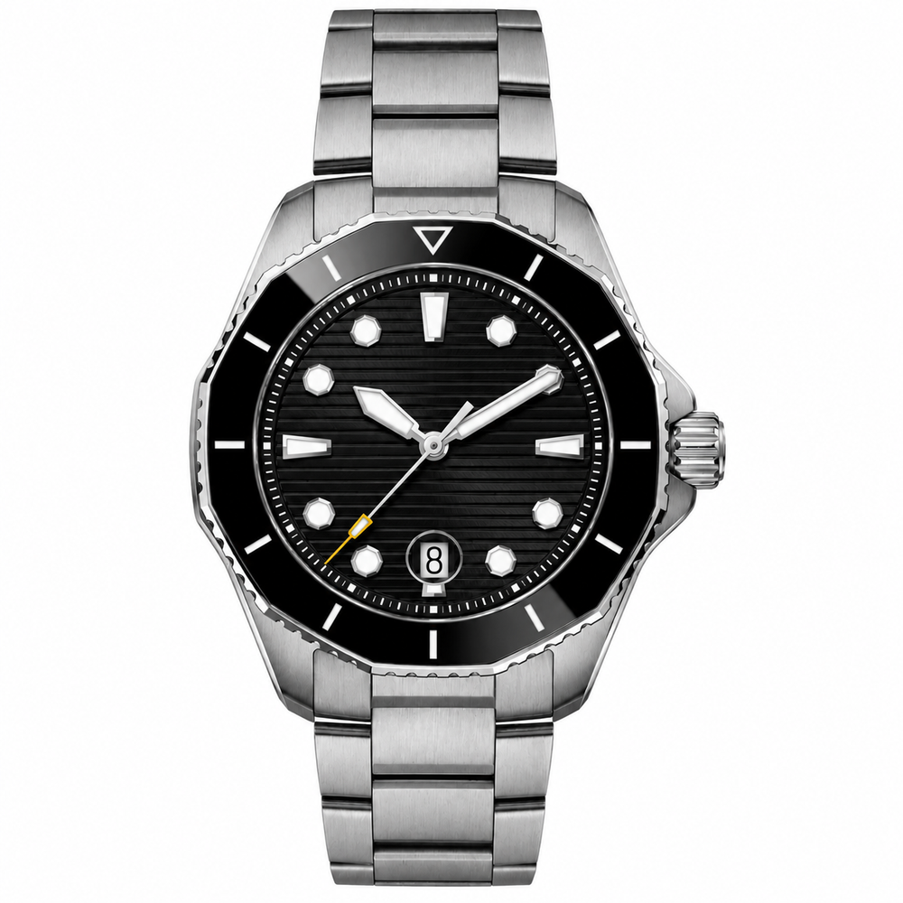 Pentagonal case, steel, silver sunburst dial · SF-56T