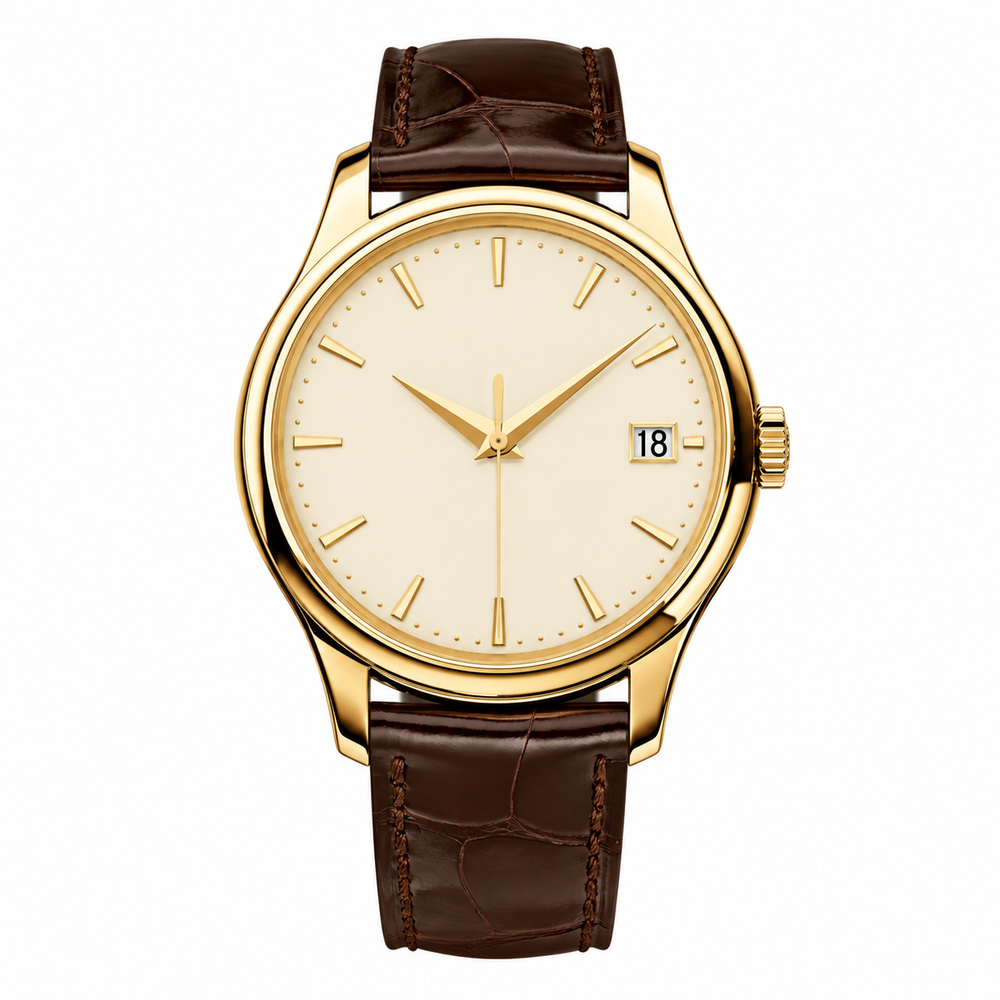 Rectangular gold case, cream champagne dial, croco-textured brown leather strap · SF-42T