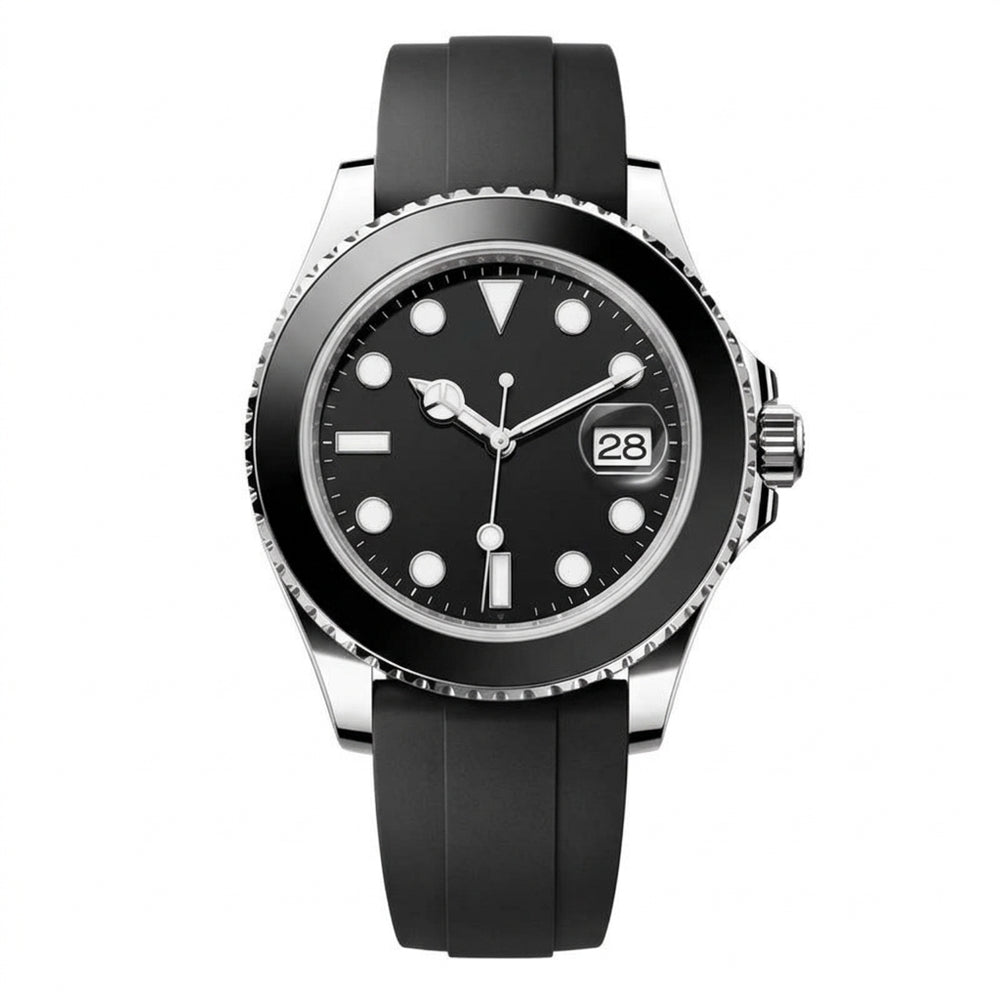 Octagonal case with 8-screw bezel, steel, black dial, black rubber strap · SF-23T