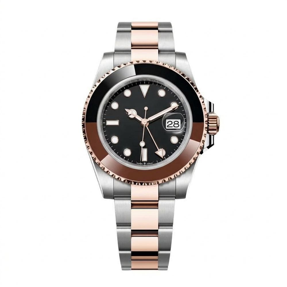 Rose-gold cushion case, black dial, steel and rose-gold bracelet · SF-12T